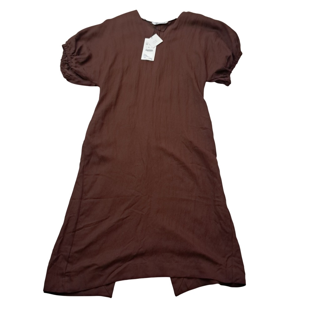 NWT Zara Dress Womens Medium Brown Midi Puff Sleeve Lagenlook Minimalist Neutral